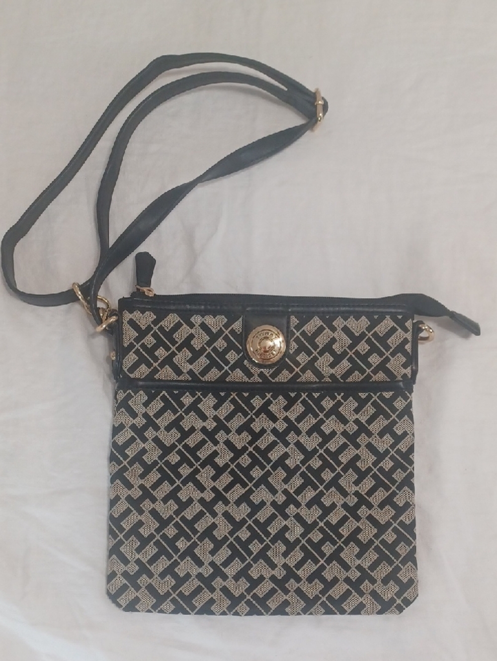 Tommy Hilfiger Black & Beige Jacquard Crossbody with Gold Medallion